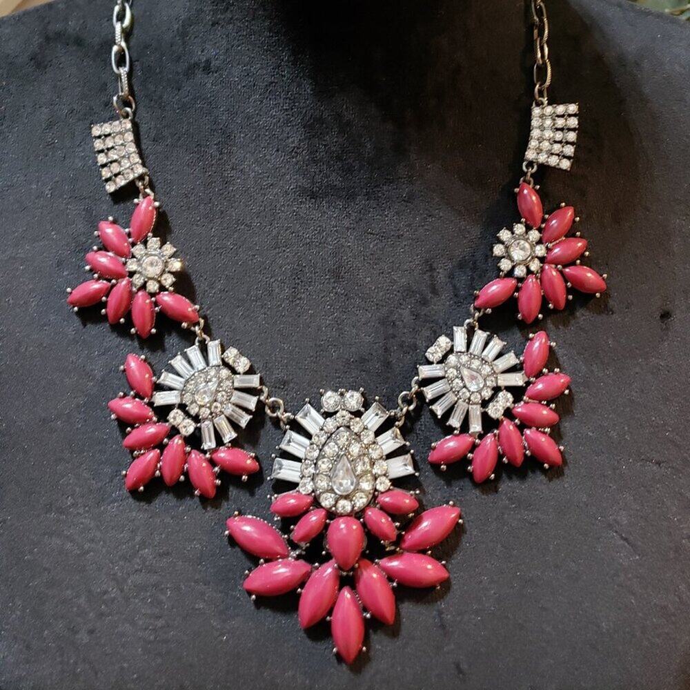 Womens Fashion Pink Acrylic Floral Rhinestone Necklace‎ Jewelry w/ Lobster Clasp